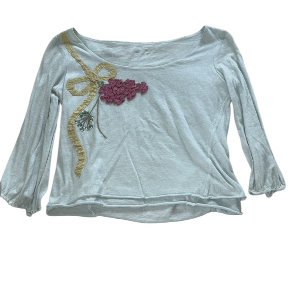 Light Blue Floral Ribbon Scoop Neck Women’s Top